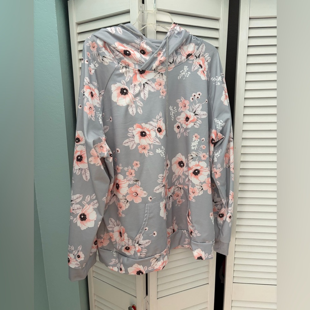 SHEIN Gray Floral Hooded Sweatshirt with Pink Accents